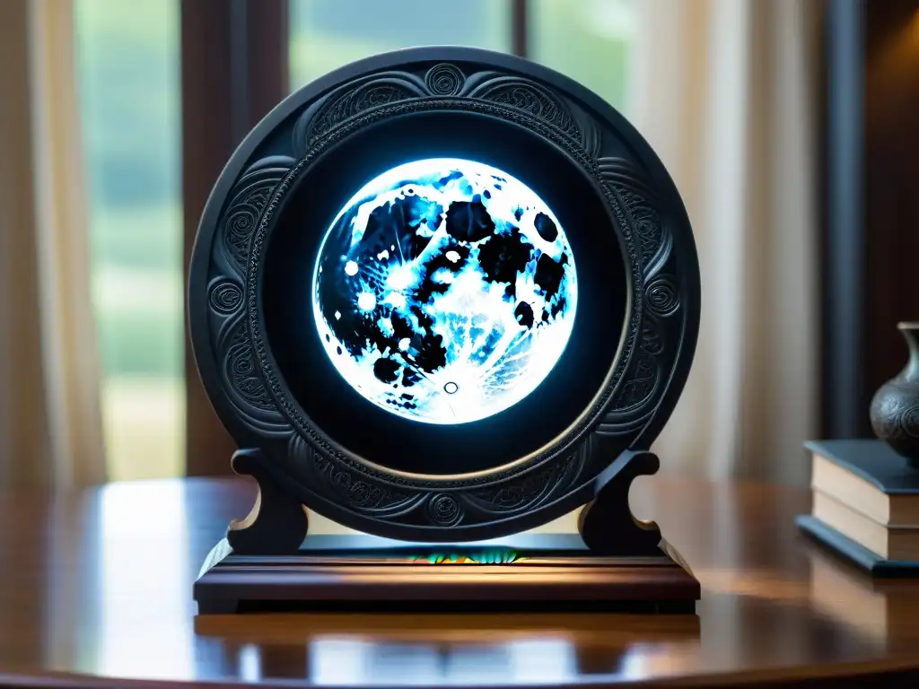Un espejo negro de adivinación artesanal reposa en una mesa de madera, iluminado por un rayo de luz, reflejando la luna llena en un ambiente místico