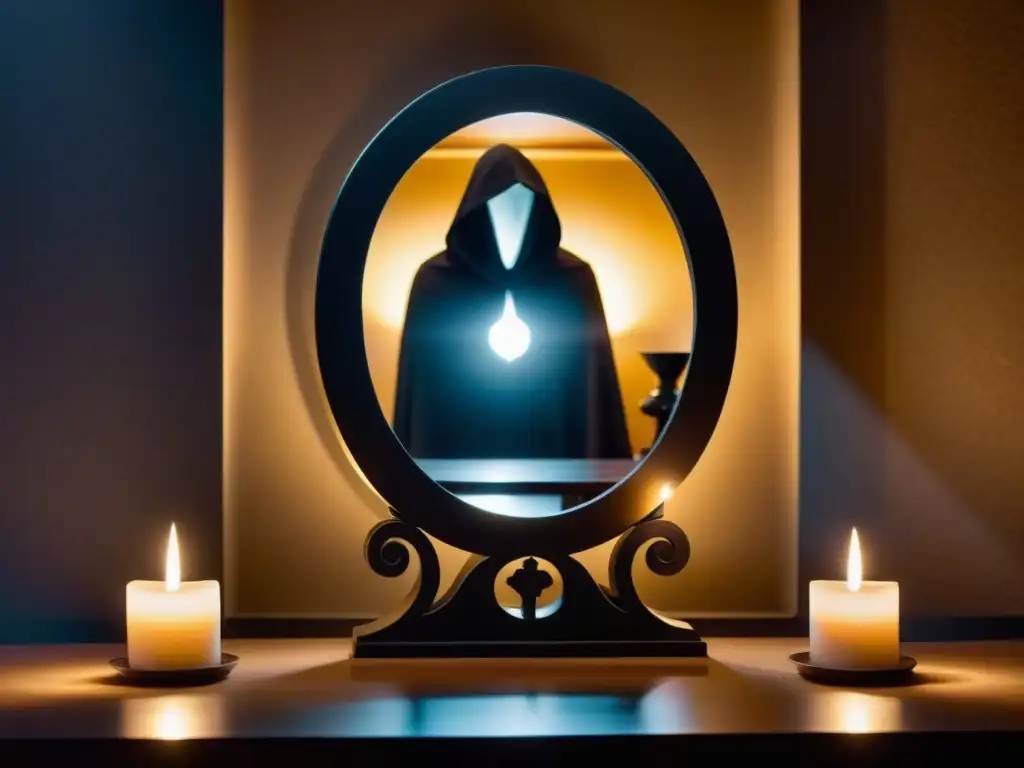 Un espejo negro refleja figuras misteriosas en un cuarto con velas y artefactos antiguos