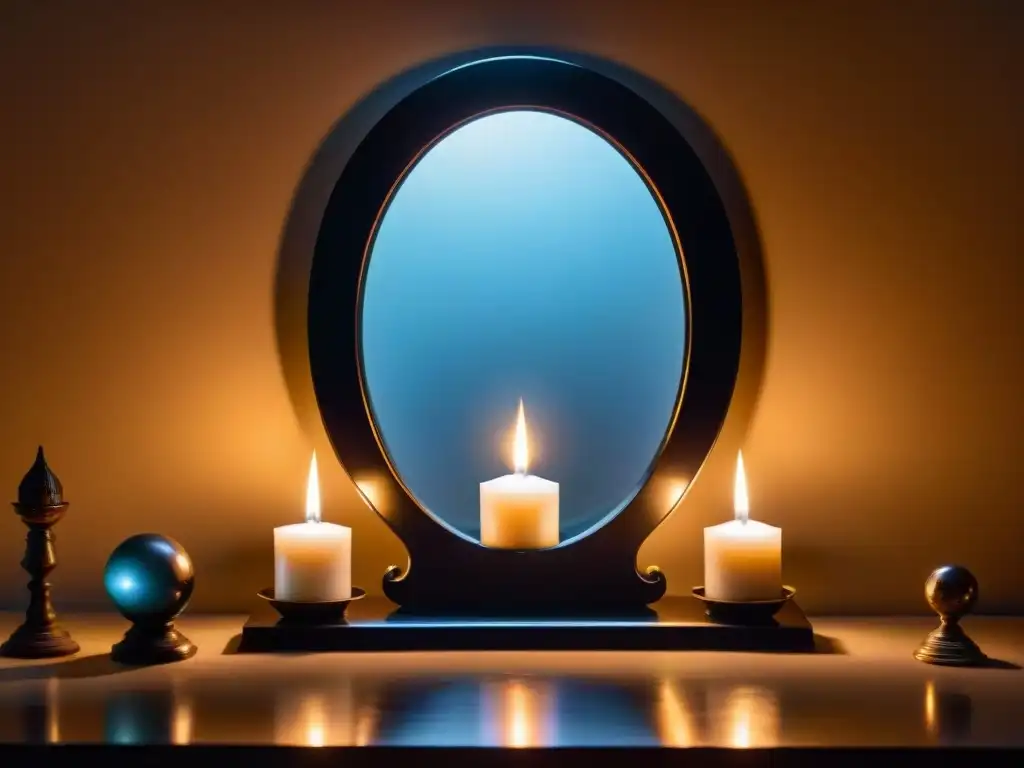 Un espejo negro refleja una habitación mística con cristales, cartas de tarot y velas encendidas