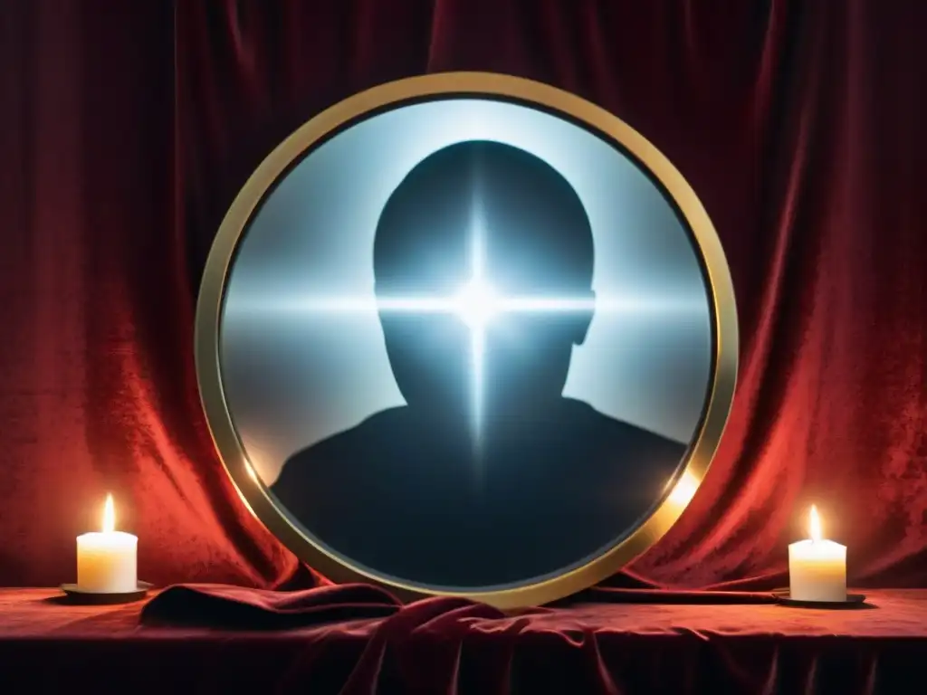Un espejo negro místico refleja una figura encapuchada entre velas, con energía mágica