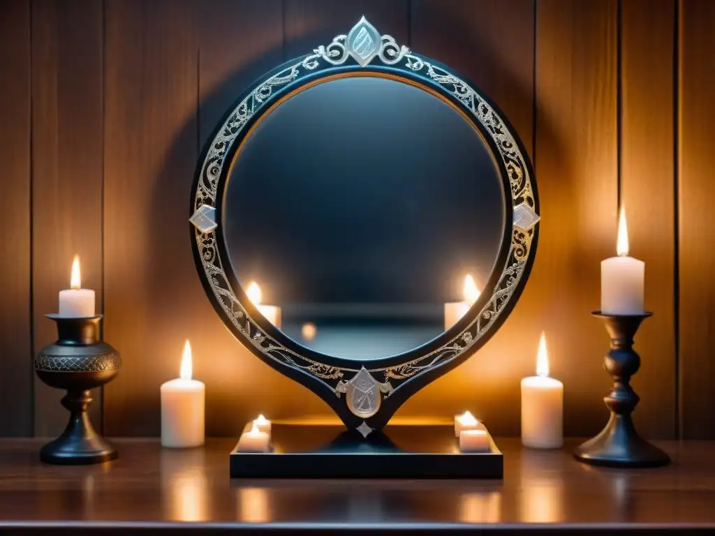 Un espejo negro de obsidiana refleja el místico ambiente de la habitación iluminada por velas, invitando a la adivinación