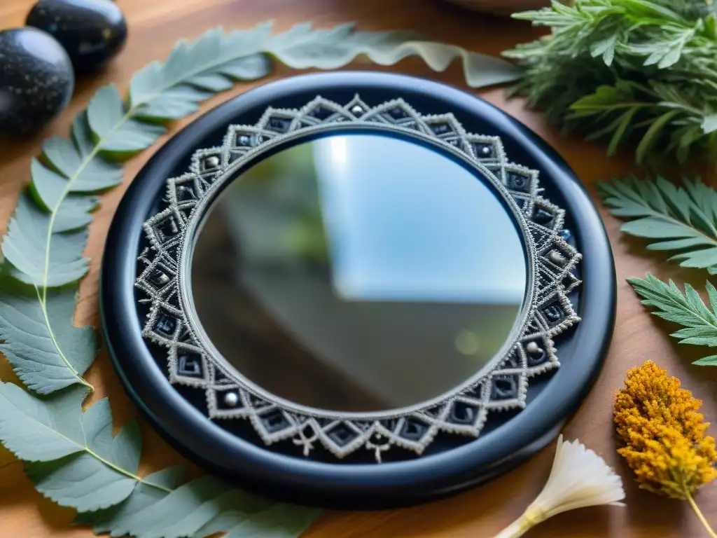 Un espejo negro de obsidiana con patrones místicos, rodeado de hierbas, cristales y talismanes antiguos