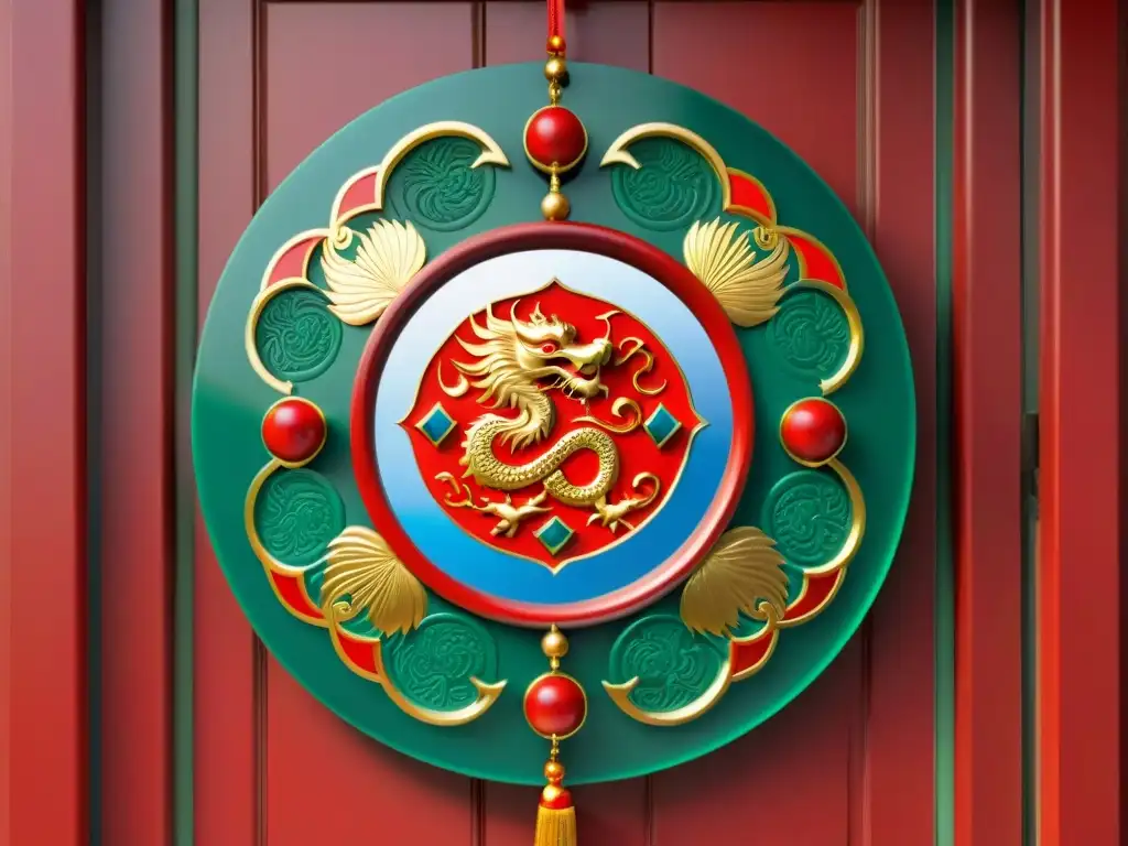 Un espejo bagua chino tradicional cuelga en una puerta de madera, reflejando luz solar y proyectando un espectro de colores en las paredes