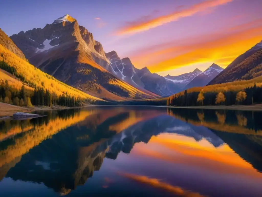 Espléndido atardecer sobre montañas, lago sereno y cielo cálido reflejando la inmortalidad y belleza de la naturaleza