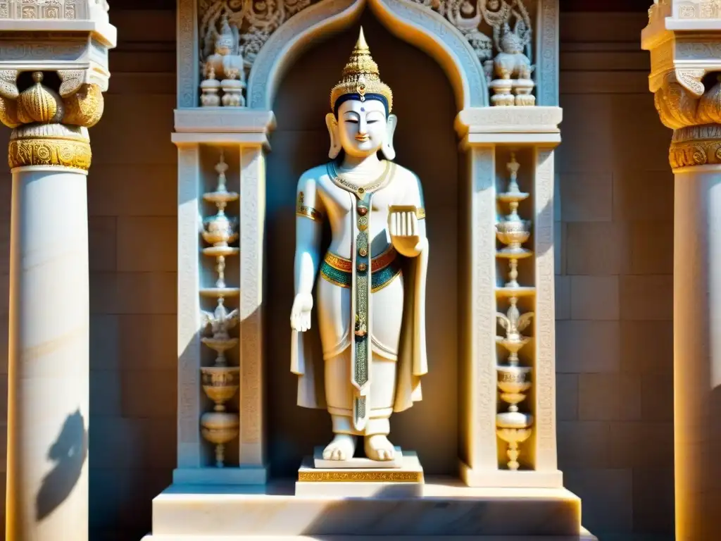 Una estatua de deidad serena en un templo iluminado, con joyas y detalles intrincados, invocando paz y sabiduría