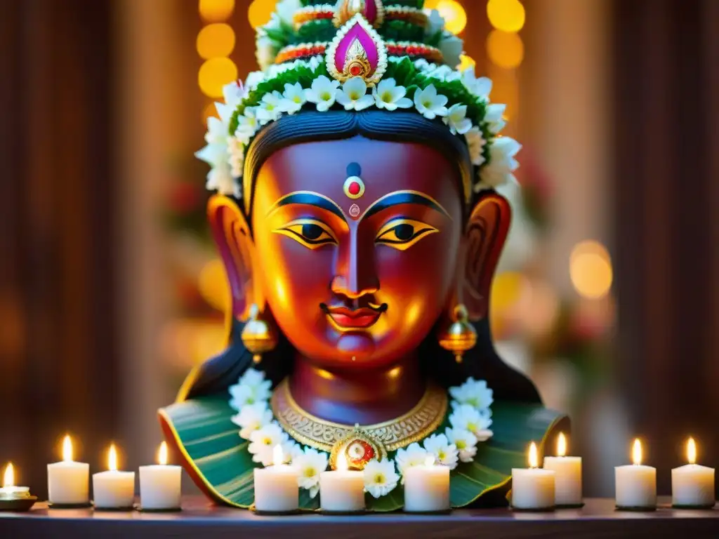 Estatua tallada de deidad hindú en altar decorado con guirnaldas florales y velas, emanando serenidad