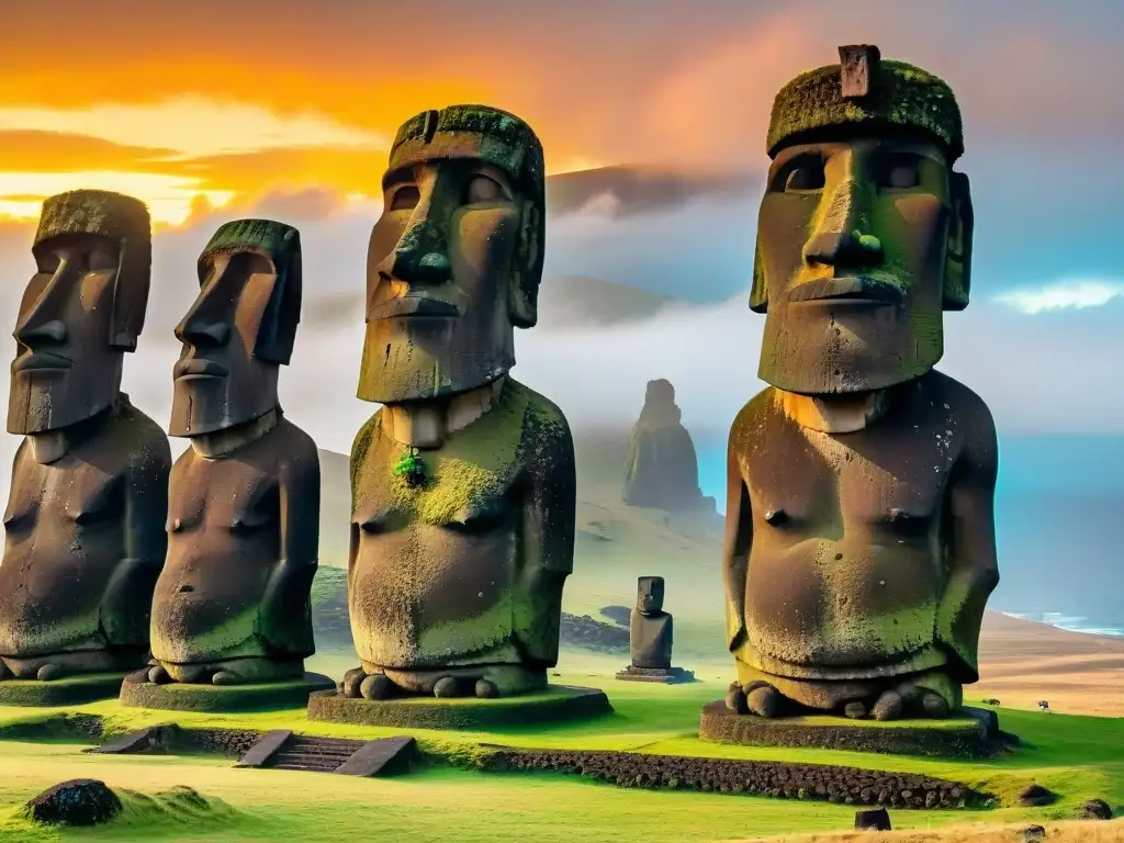 Estatuas Moái en Isla de Pascua al amanecer, revelando sociedades secretas en la historia