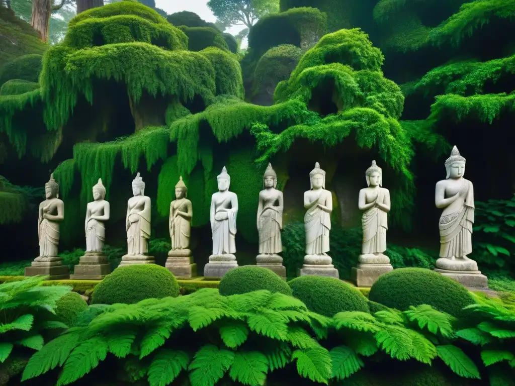 Siete estatuas de piedra en la selva, con detalles misteriosos y aura de leyenda