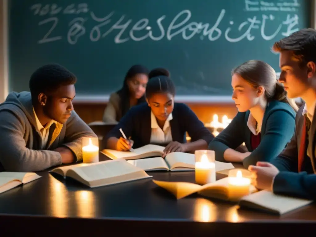 Estudiantes debaten en aula iluminada por velas, rodeados de libros y papeles