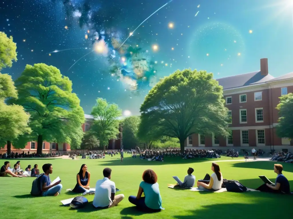 Estudiantes en el campus bajo la constelación de Piscis
