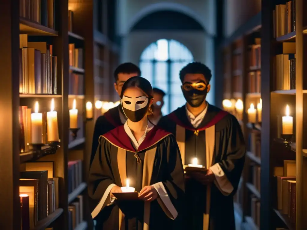 Estudiantes universitarios en túnicas y máscaras en un pasillo antiguo iluminado por velas, creando un ambiente de misterio y secretismo