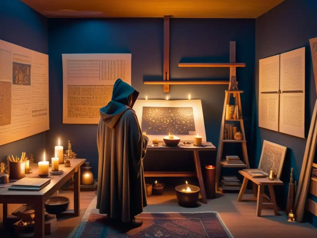 Un estudio de artista en la noche, iluminado por una vela