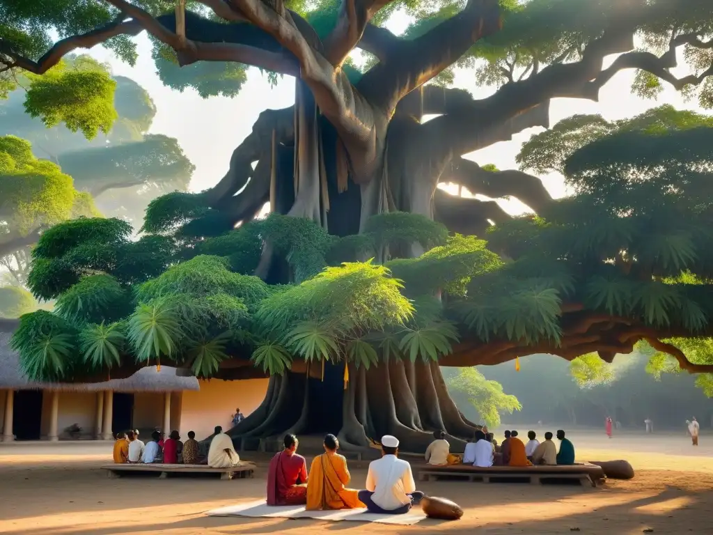 Estudio espiritual bajo árbol banyan con prácticas espirituales Vedas Upanishads