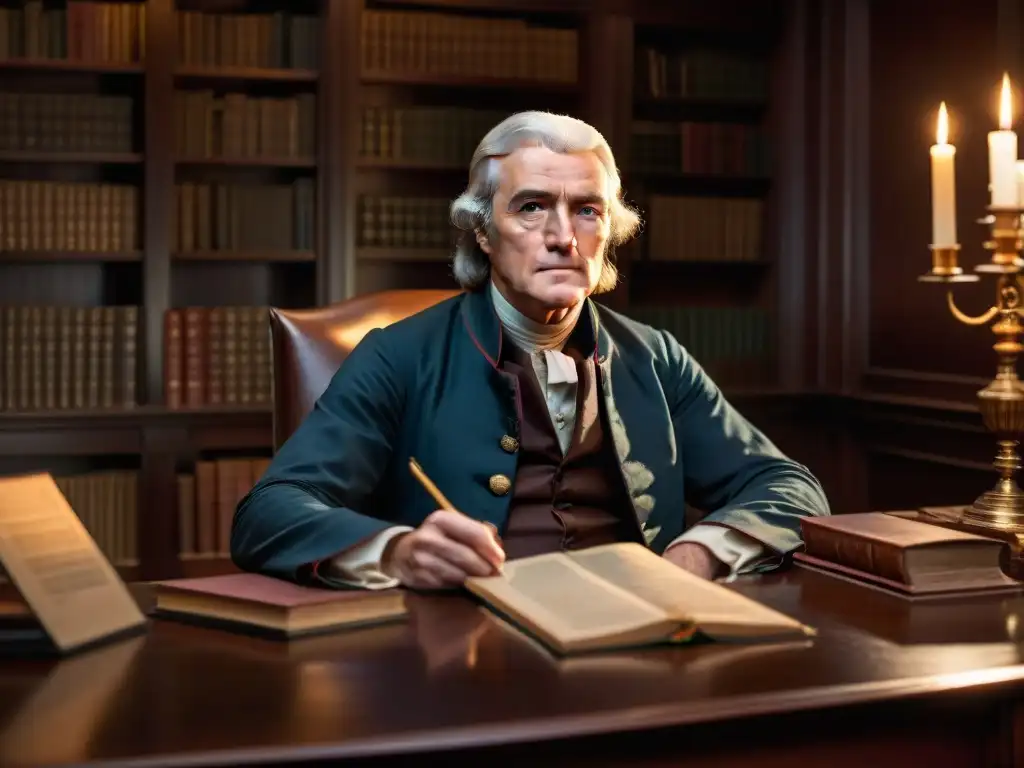 Thomas Jefferson en estudio iluminado por vela, concentrado