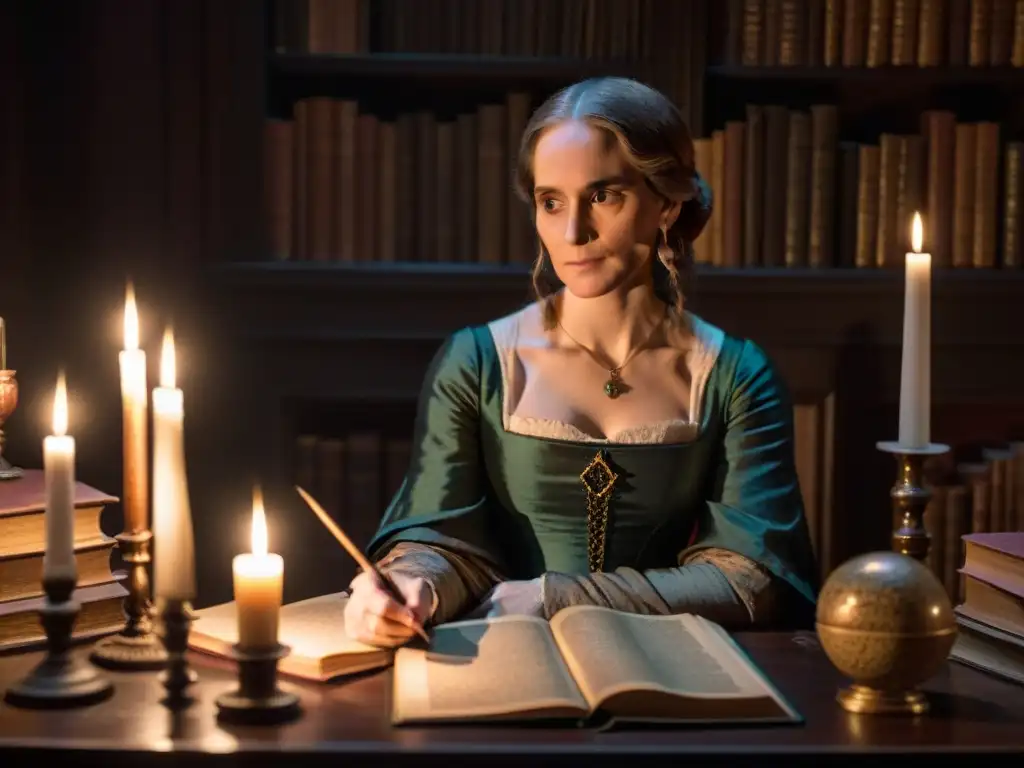 Mary Shelley en su estudio, rodeada de libros de ocultismo y alquimia, escribiendo con pluma, iluminada por una vela titilante