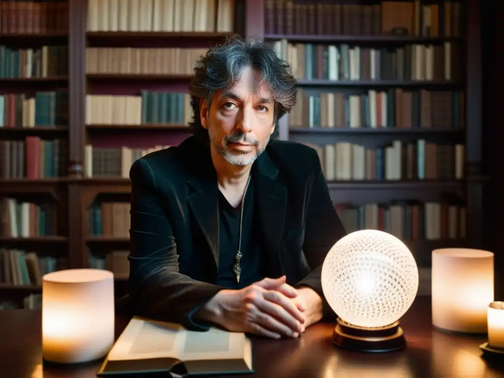 Neil Gaiman en su estudio secreto, rodeado de libros antiguos y misteriosas reliquias