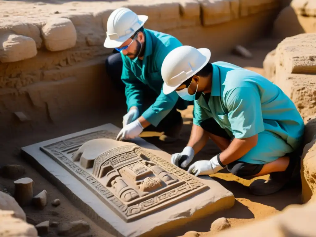 Excavación arqueológica de un antiguo objeto de culto en ruinas de civilización perdida al atardecer