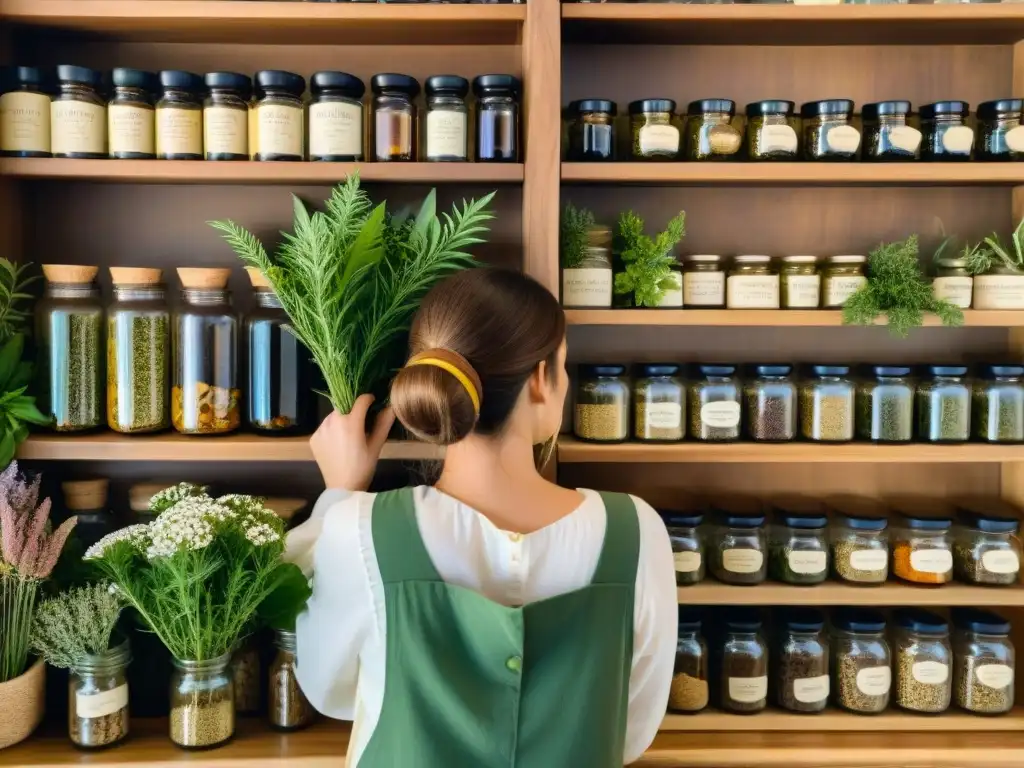 Experta en hierbas selecciona y prepara plantas medicinales frescas en botica tradicional