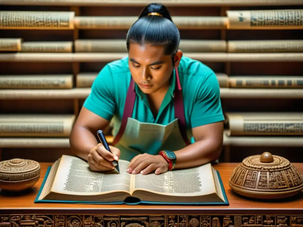 Experto descifrando códices mayas secretos con determinación en un detallado escenario documental