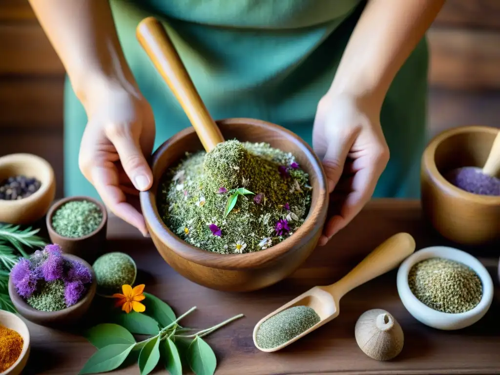 Un experto herborista prepara con destreza un remedio herbal tradicional en un mortero de madera rústico, rodeado de hierbas secas coloridas