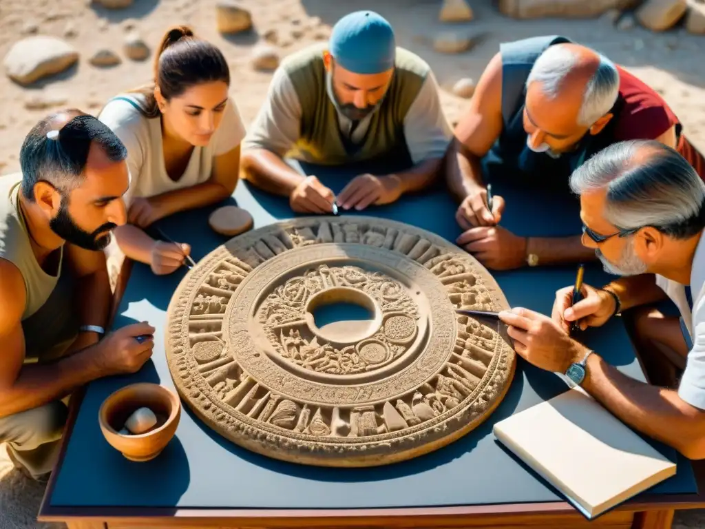 Arqueólogos examinan el Disco de Phaistos en detalle Expertos en arqueología examinan el Disco de Phaistos con concentración bajo el sol mediterráneo, rodeados de herramientas y ruinas antiguas