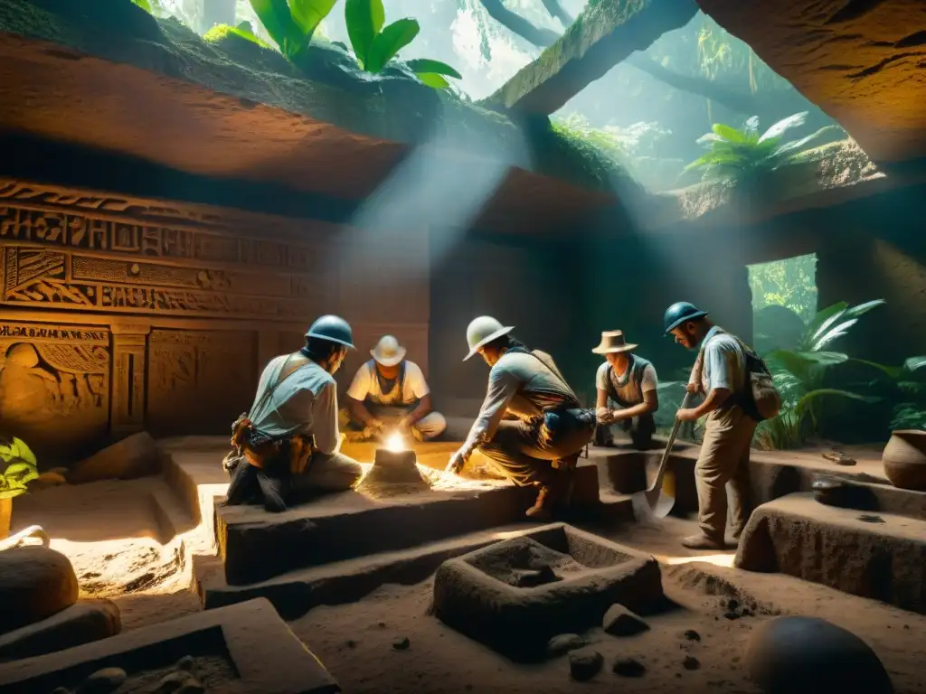 Exploración detallada de templo antiguo en la selva, con arqueólogos descubriendo artefactos