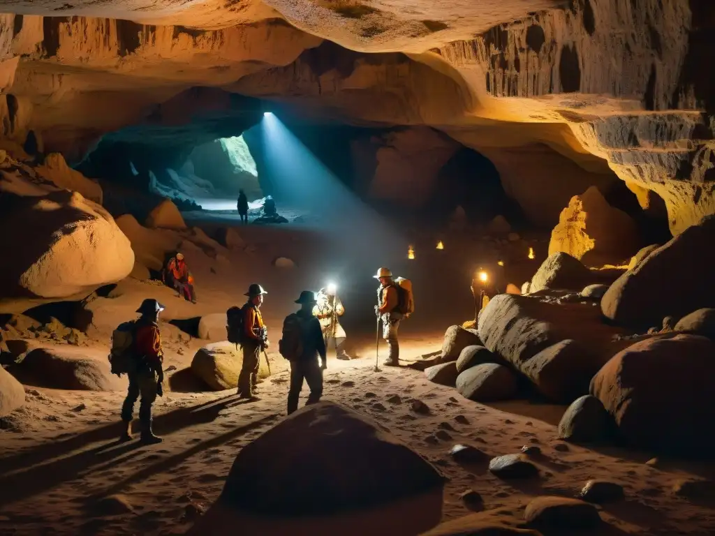 Exploradores en cueva subterránea iluminada por misterioso resplandor, descubriendo artefactos antiguos