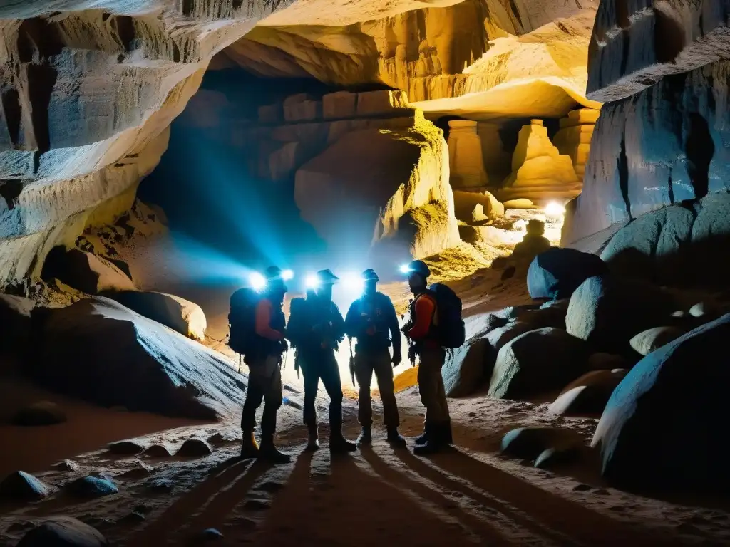 Exploradores con linternas adentrandose en cueva misteriosa, revelando secretos ocultos