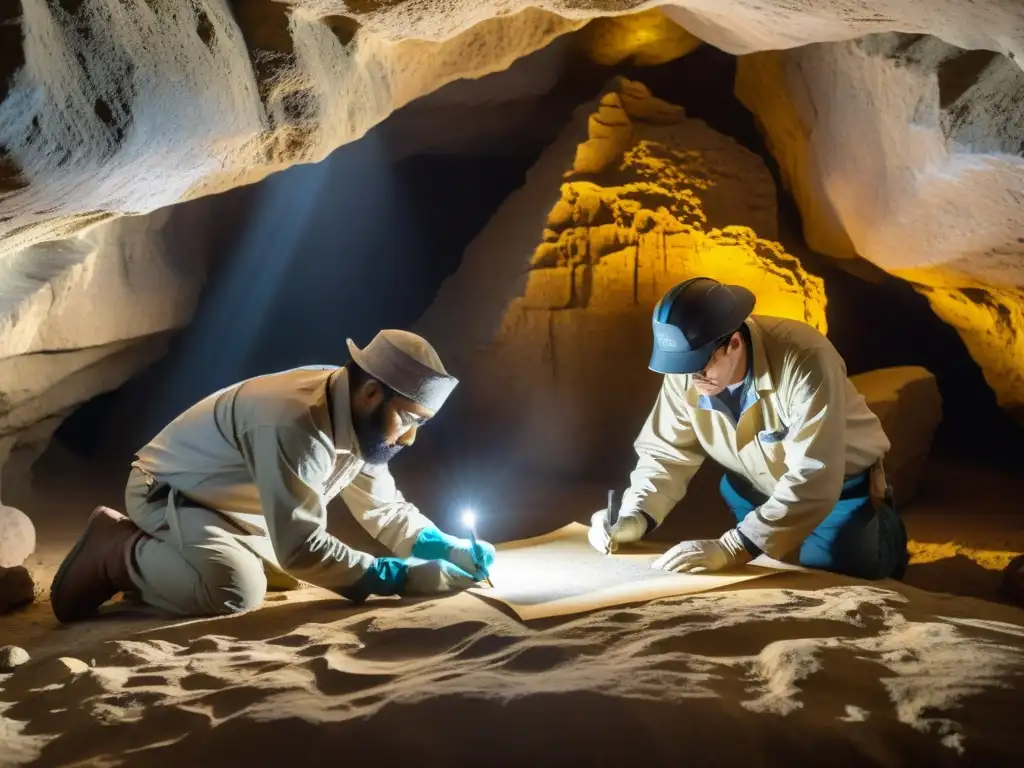 Exploradores descubriendo manuscritos antiguos en cueva iluminada, entre sombras, con detalles destacados