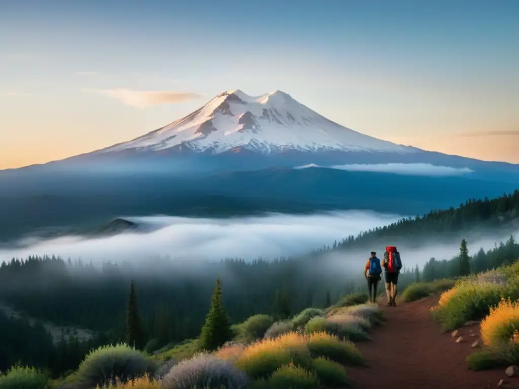 Exploradores maravillados en el Monte Shasta, entre la neblina mística