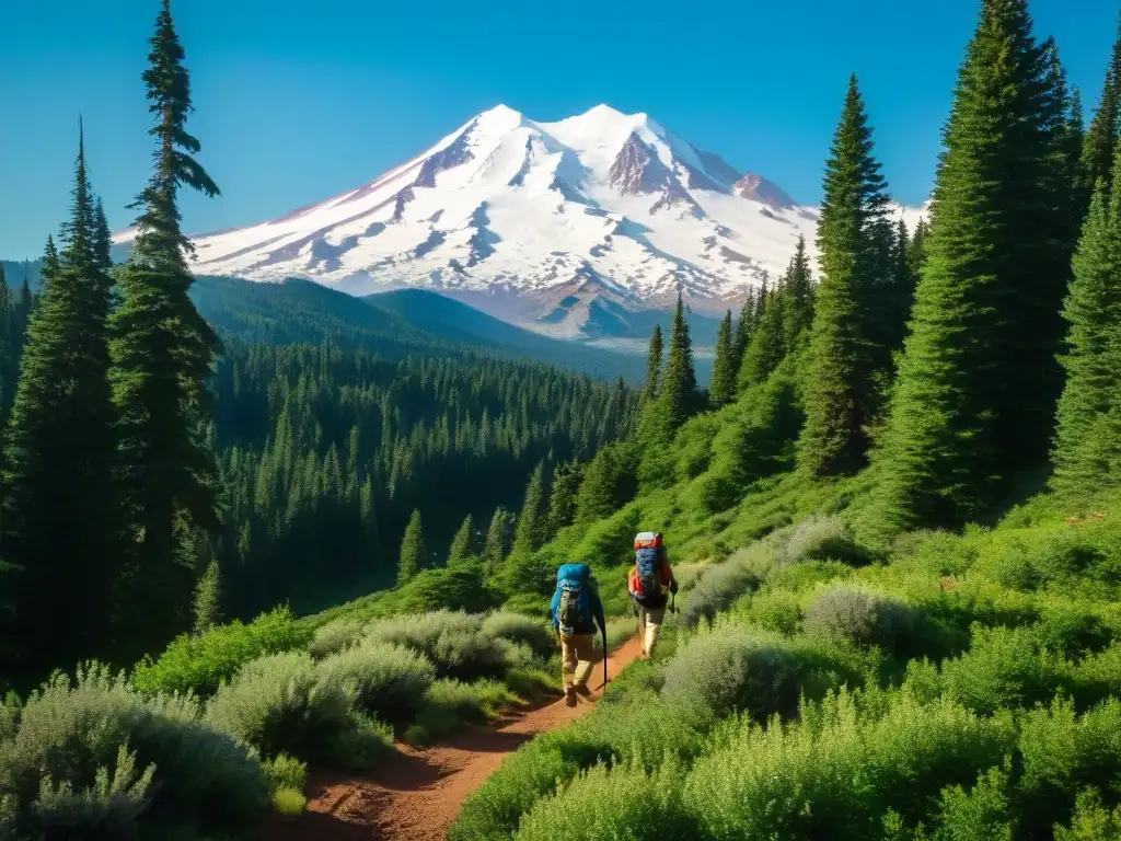 Exploradores maravillados en Monte Shasta, rodeados de naturaleza mística