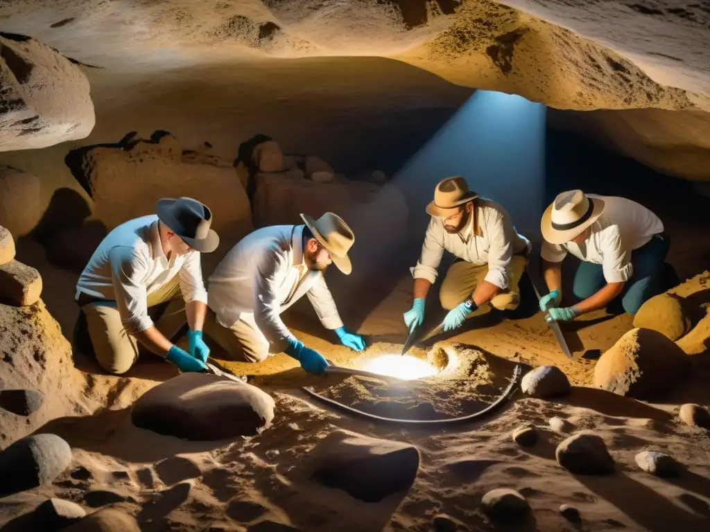 Exploradores descubriendo los misterios de los Templarios en una cámara subterránea iluminada por luz natural