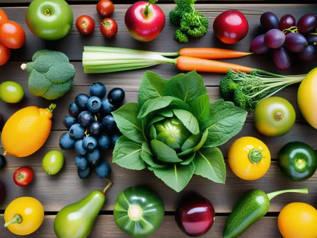 Una exquisita alquimia en la cocina: variedad de frutas y verduras frescas y coloridas sobre mesa de madera rústica