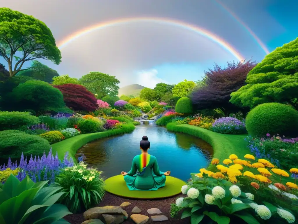 Un jardín exuberante con un arroyo serpenteante y una figura meditando entre flores coloridas que representan los chakras