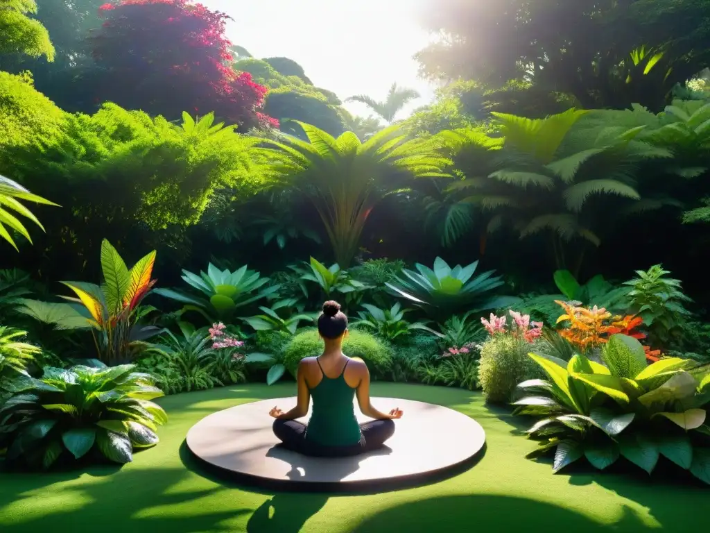 Jardín botánico exuberante, lleno de plantas exóticas que parecen compartir secretos con una persona en meditación, creando una conexión misteriosa