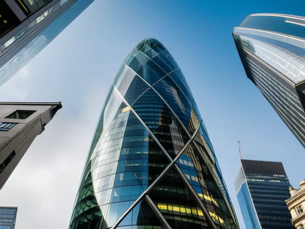 Fachada de vidrio curvo del emblemático edificio Gherkin en Londres, reflejando el skyline