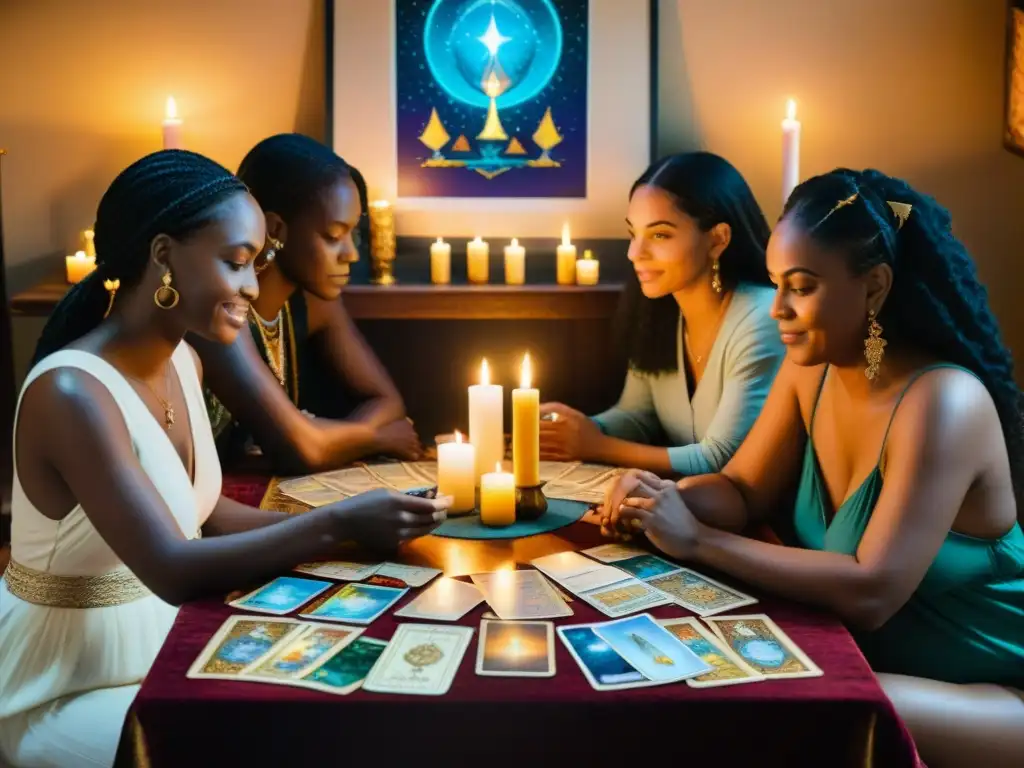 Una familia diversa se reúne en torno a una mesa con una lectura de tarot detallada, creando un ambiente cálido y místico