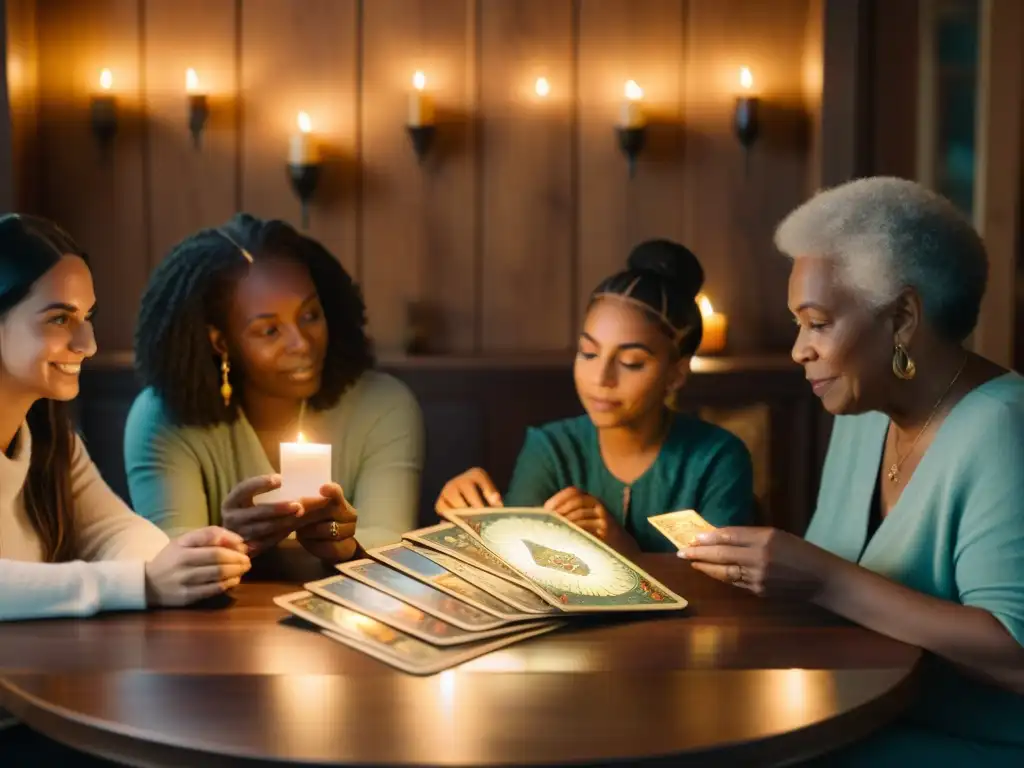 Una familia multigeneracional se reúne alrededor de una mesa de madera, sosteniendo cartas del Tarot con expresiones de curiosidad y contemplación