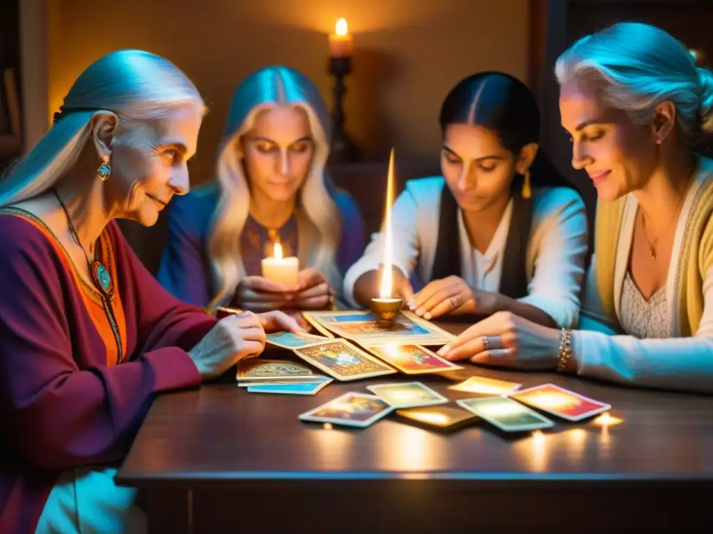 Una familia multigeneracional se reúne alrededor de una mesa de madera, iluminada por velas, mientras la matriarca lee cartas del tarot