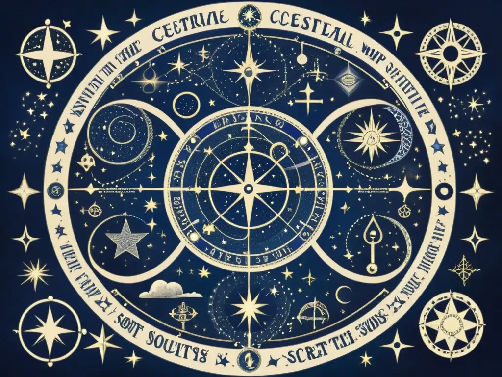 Un fascinante mapa celestial dibujado a mano con constelaciones y símbolos secretos, rodeado de pergaminos antiguos