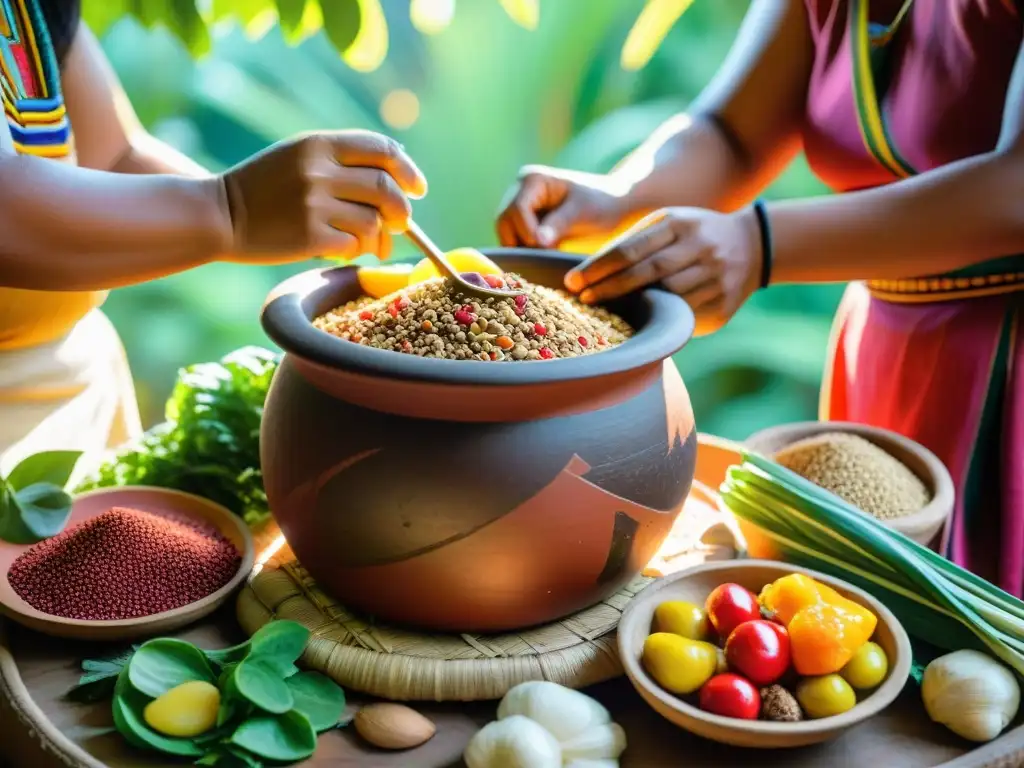 Un festín de granos y semillas rodeado de vegetales y frutas, con mujeres indígenas preparando alimentos al sol