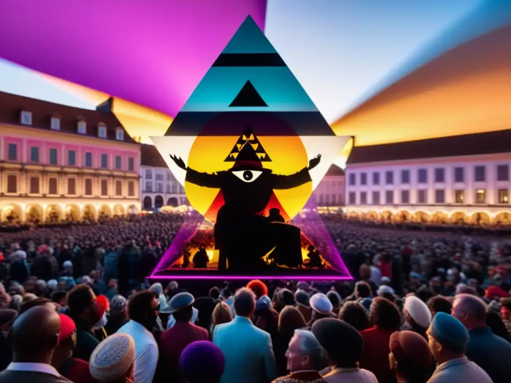 Plaza festiva: bailes, máscaras y simbolismo oculto Un festival en la ciudad con bailes tradicionales y simbolismo Illuminati