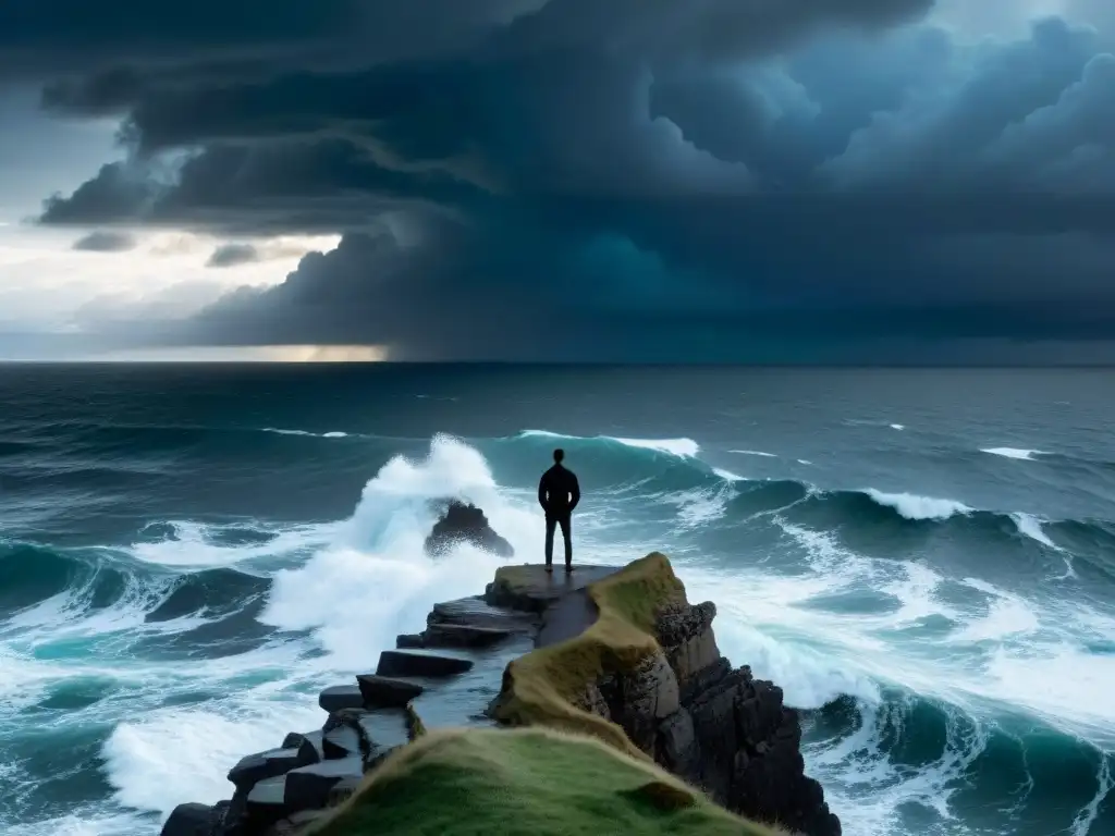 Una figura en el borde de un acantilado mirando un mar tormentoso, reflejando la astrología kármica deudas financieras