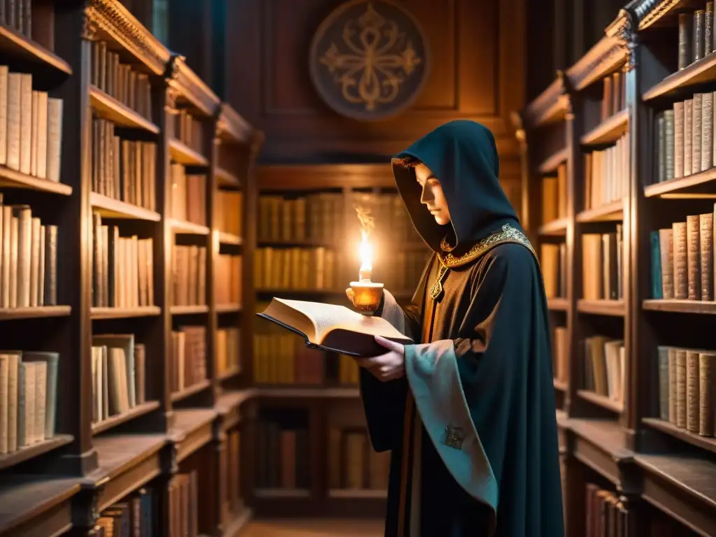 Figura misteriosa en biblioteca antigua con libro ornado y símbolo en portada