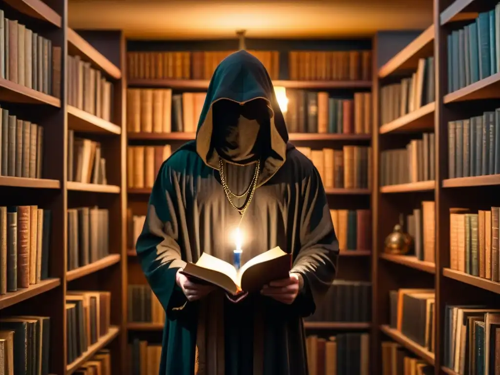 Figura misteriosa en biblioteca oculta Figura misteriosa en biblioteca llena de libros esotéricos y artefactos, evocando el ocultismo en la obra Lovecraft