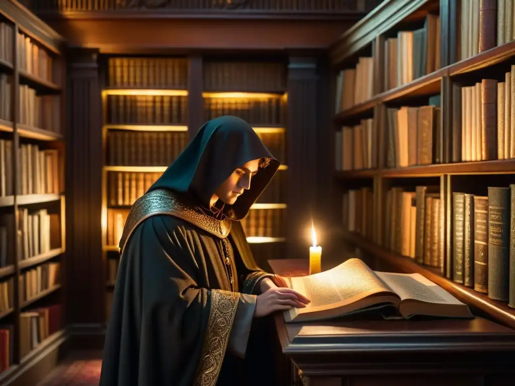 Una figura misteriosa en una biblioteca oscura, desvelando secretos ocultos en un libro antiguo iluminado por una vela
