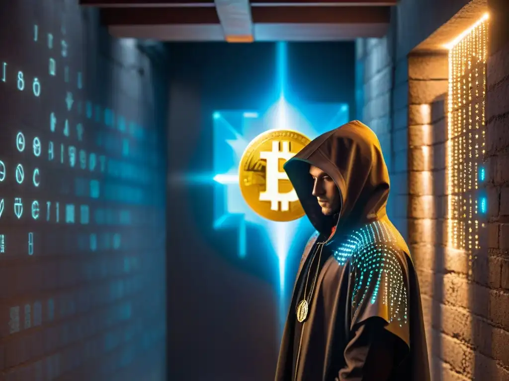 Figura misteriosa en un callejón con símbolos criptomonedas futuristas, fusionando historia y modernidad en mercado criptomonedas otras dimensiones