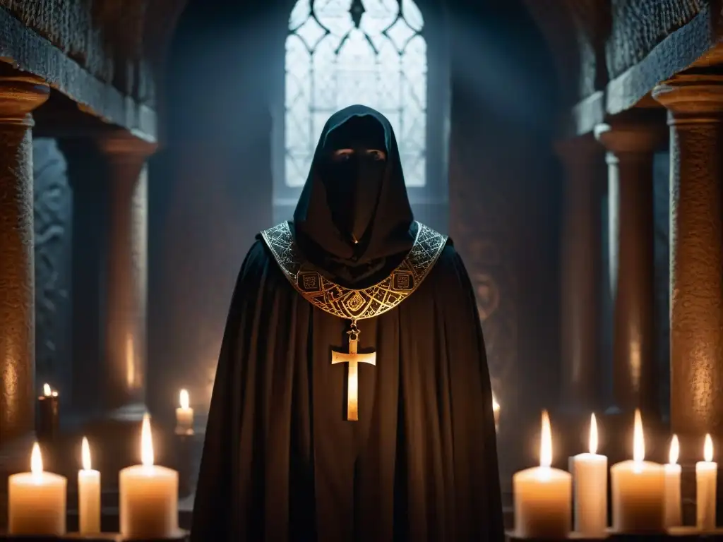 Misteriosa figura en cámara antigua con símbolos y velas Figura misteriosa en cámara antigua con símbolos y velas, atmósfera tensa de sociedades secretas