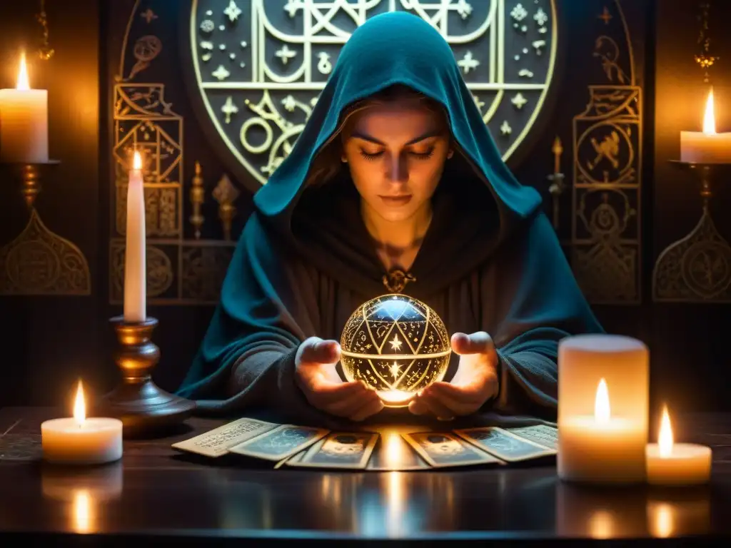 Figura misteriosa en una habitación iluminada por velas, rodeada de símbolos del tarot y una bola de cristal brillante, evocando misticismo y secretos