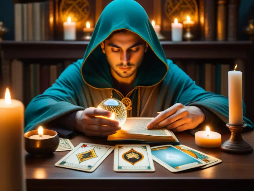 Una figura misteriosa en una habitación tenue, manipula cartas de tarot